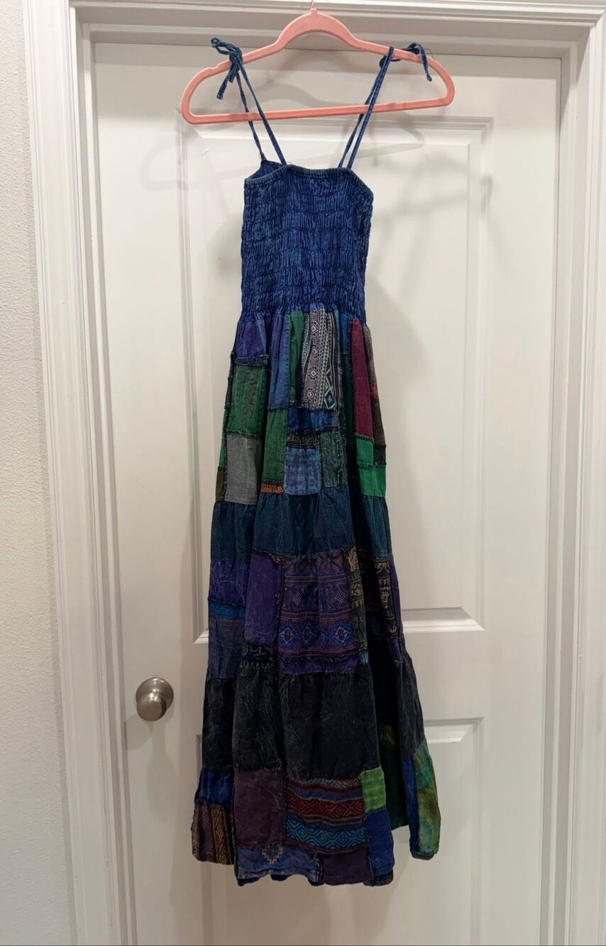 Kathmandu Patchwork Smocked Bodice Spaghetti Strap Maxi Dress Size S Small